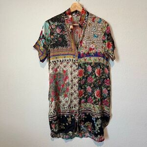 Johnny Was Silk Patchwork Floral Button Down Tunic Mini Dress Women's Size Small